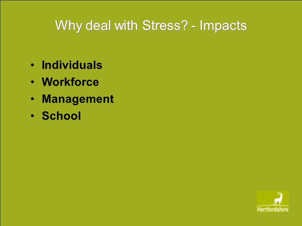 Individuals Workforce Management School Why deal with Stress - Impacts