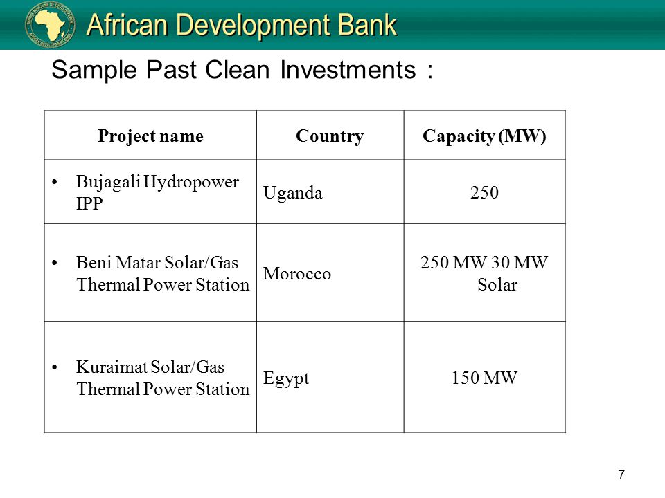 7 Project nameCountryCapacity (MW) Bujagali Hydropower IPP Uganda250 Beni Matar Solar/Gas Thermal Power Station Morocco 250 MW 30 MW Solar Kuraimat Solar/Gas Thermal Power Station Egypt150 MW Sample Past Clean Investments :