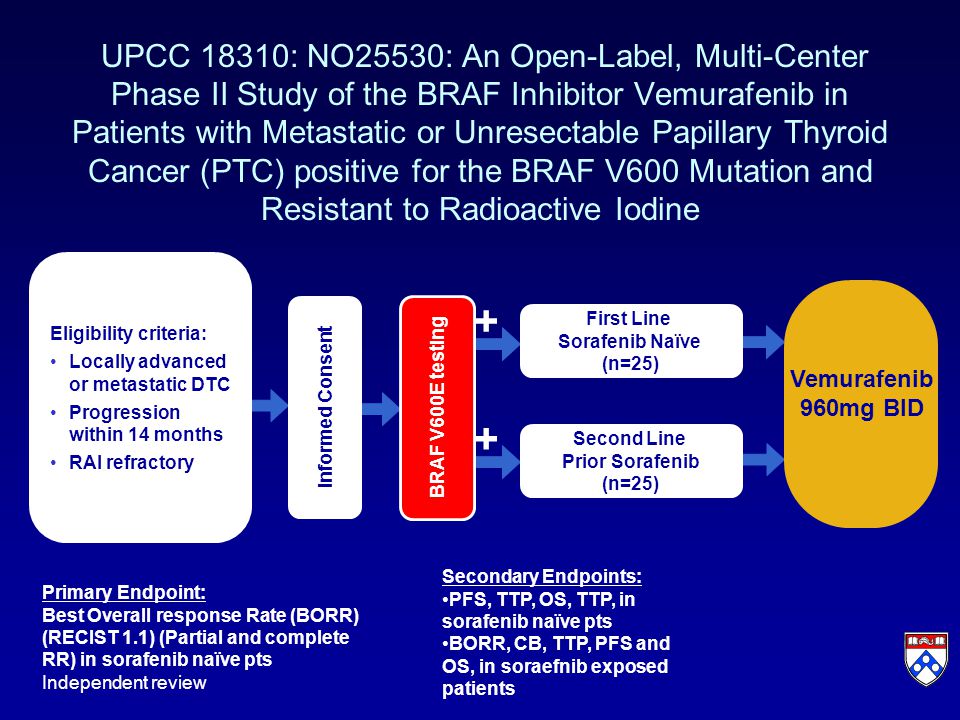 Eligibility criteria: Locally advanced or metastatic DTC Progression within 14 months RAI refractory UPCC 18310: NO25530: An Open-Label, Multi-Center Phase II Study of the BRAF Inhibitor Vemurafenib in Patients with Metastatic or Unresectable Papillary Thyroid Cancer (PTC) positive for the BRAF V600 Mutation and Resistant to Radioactive Iodine Vemurafenib 960mg BID Primary Endpoint: Best Overall response Rate (BORR) (RECIST 1.1) (Partial and complete RR) in sorafenib naïve pts Independent review Secondary Endpoints: PFS, TTP, OS, TTP, in sorafenib naïve pts BORR, CB, TTP, PFS and OS, in soraefnib exposed patients Informed Consent BRAF V600E testing + First Line Sorafenib Naïve (n=25) Second Line Prior Sorafenib (n=25) +