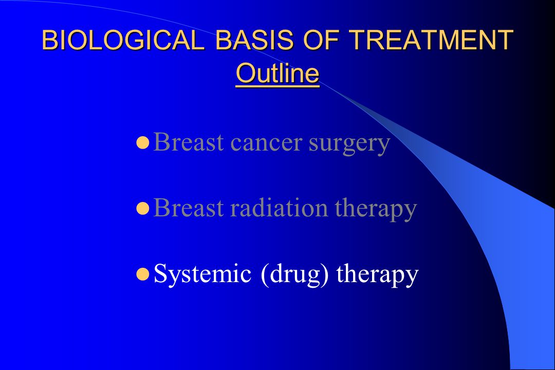 BIOLOGICAL BASIS OF TREATMENT Outline Breast cancer surgery Breast radiation therapy Systemic (drug) therapy