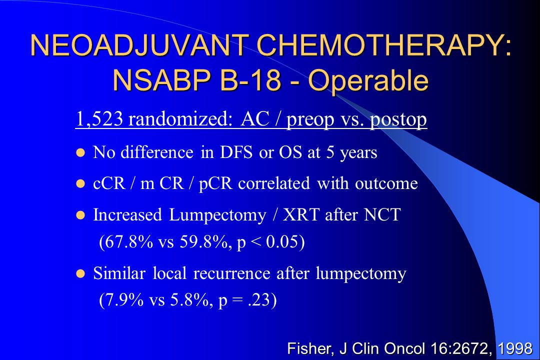 NEOADJUVANT CHEMOTHERAPY: NSABP B-18 - Operable 1,523 randomized: AC / preop vs.