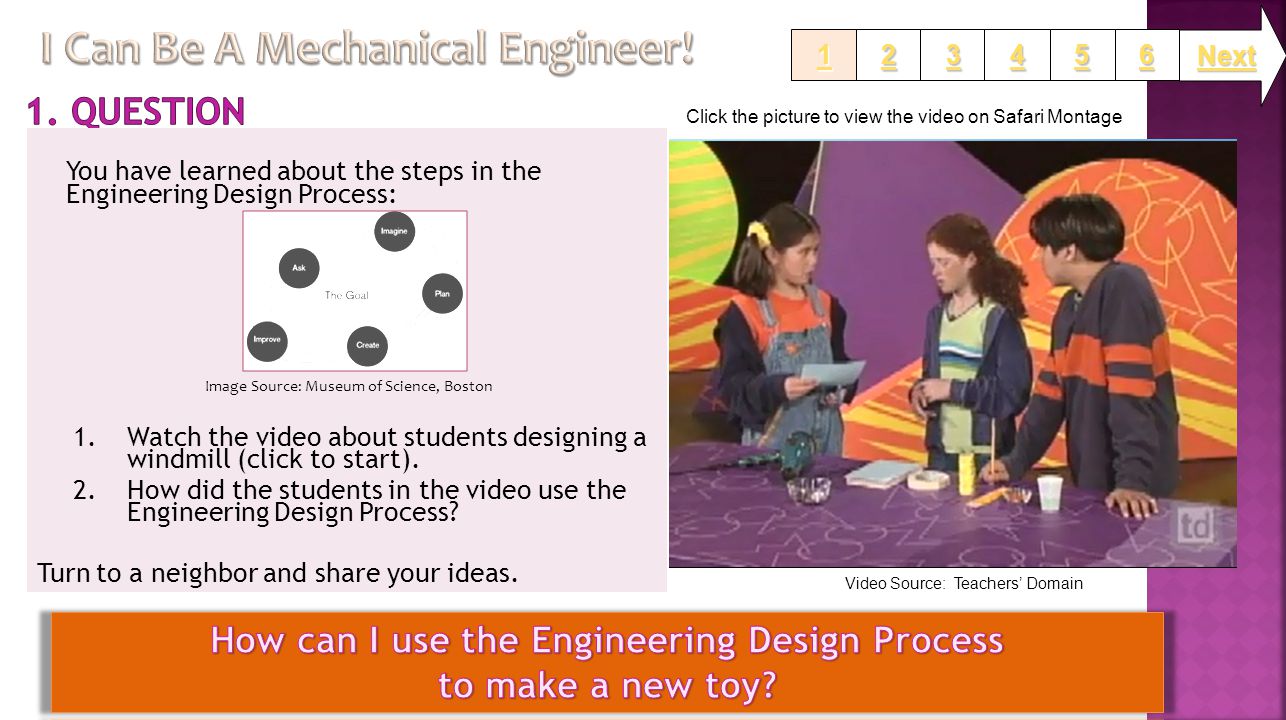 You have learned about the steps in the Engineering Design Process: 1.Watch the video about students designing a windmill (click to start).