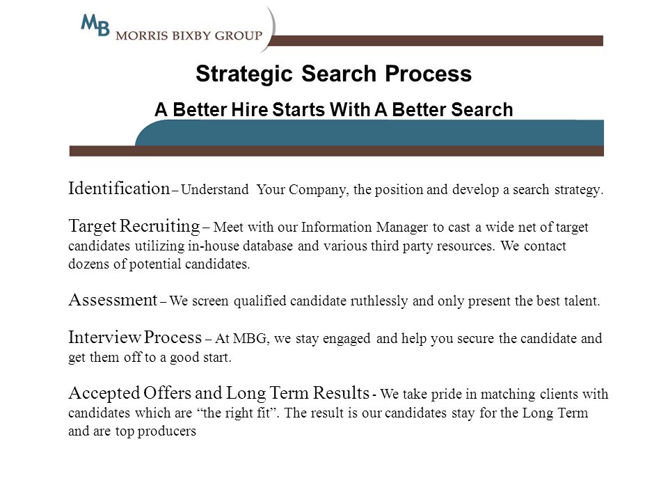 Strategic Search Process A Better Hire Starts With A Better Search Identification – Understand Your Company, the position and develop a search strategy.