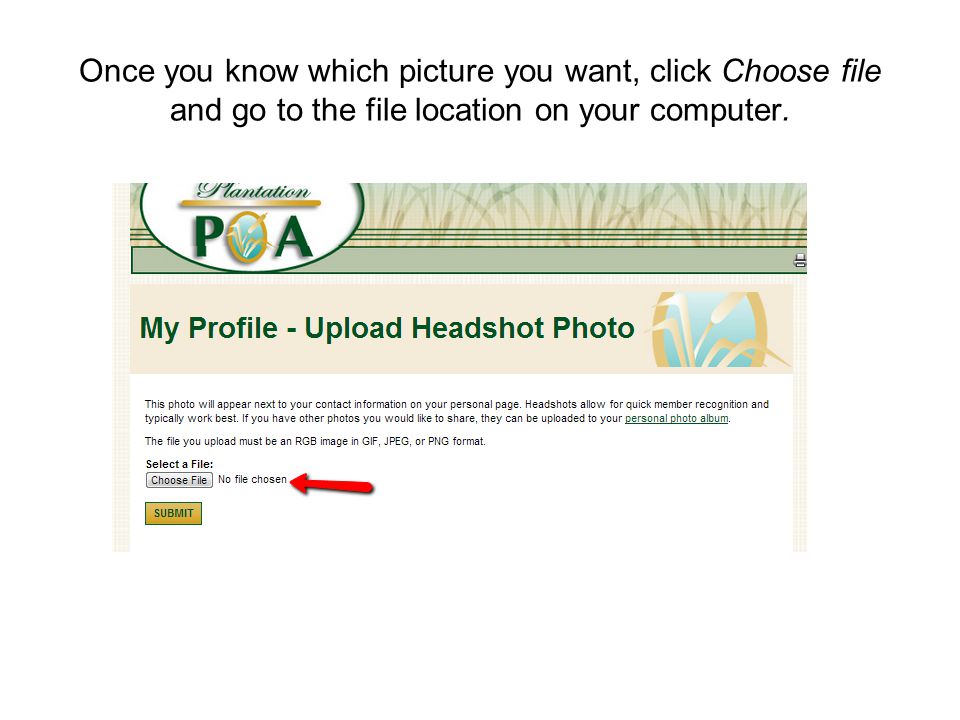 Once you know which picture you want, click Choose file and go to the file location on your computer.