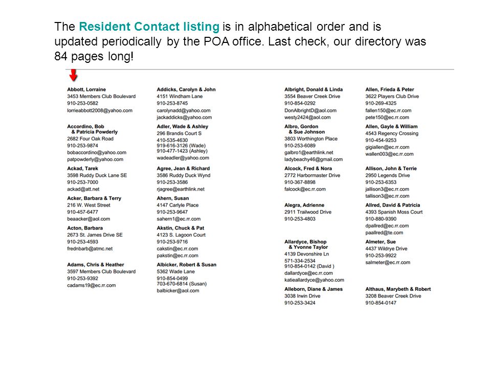 The Resident Contact listing is in alphabetical order and is updated periodically by the POA office.