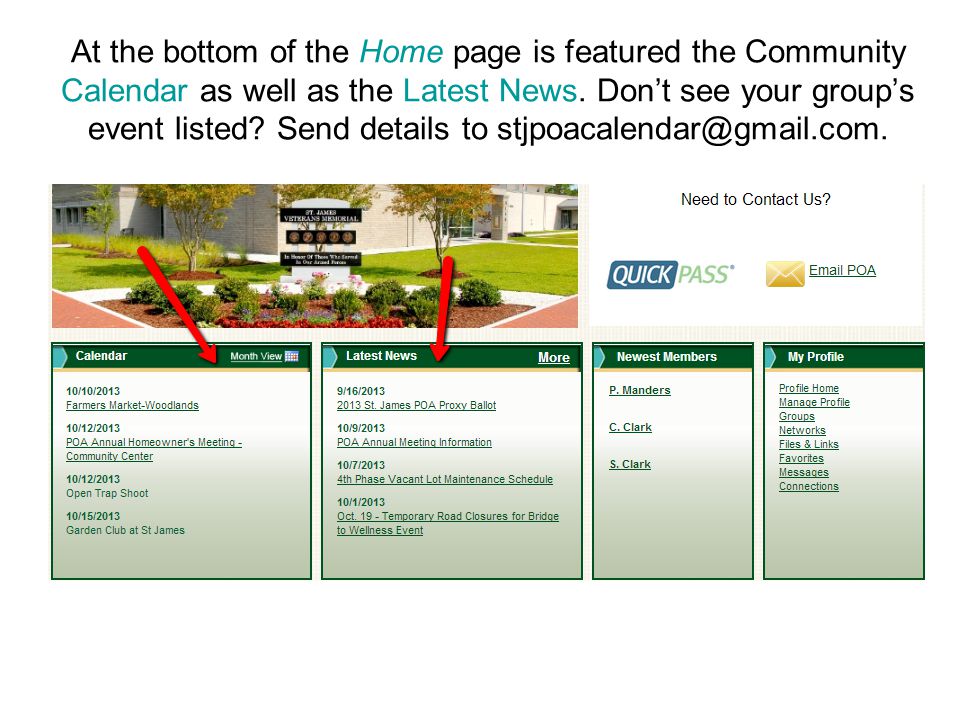 At the bottom of the Home page is featured the Community Calendar as well as the Latest News.