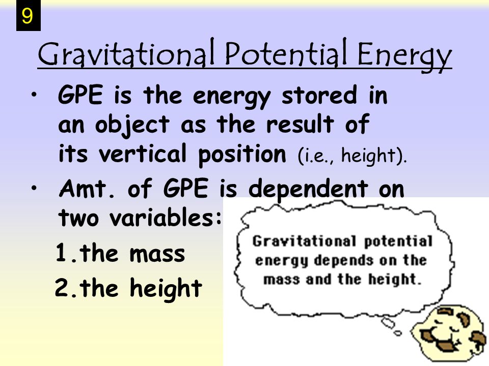Gravitational Potential Energy GPE is the energy stored in an object as the result of its vertical position (i.e., height).