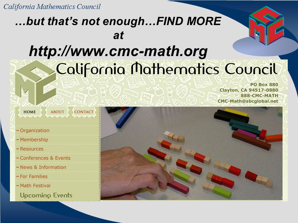 California Mathematics Council Sometimes a list is better: Students need to make sense of problems and persevere… They know that before they can begin solving a problem, they must first thoroughly understand the problem and which problem-solving strategies might work best in finding a solution.