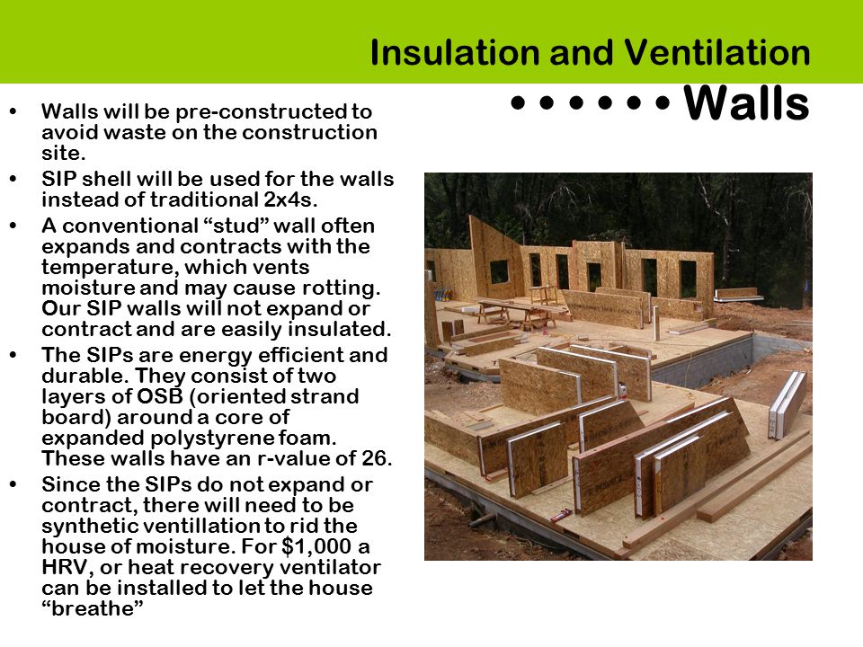Insulation and Ventilation Walls Walls will be pre-constructed to avoid waste on the construction site.