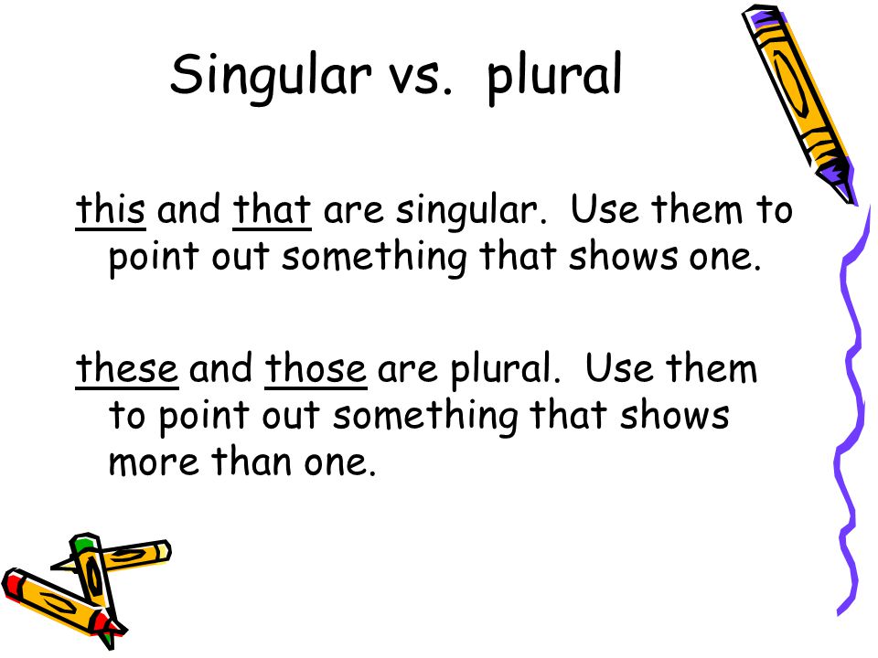 Singular vs. plural this and that are singular. Use them to point out something that shows one.