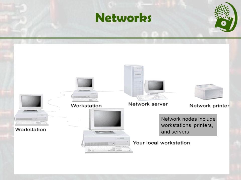 Networks Network nodes include workstations, printers, and servers.