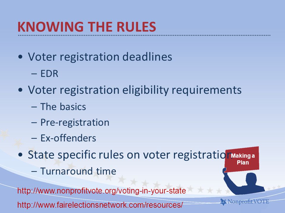 Voter registration deadlines –EDR Voter registration eligibility requirements –The basics –Pre-registration –Ex-offenders State specific rules on voter registration –Turnaround time KNOWING THE RULES Making a Plan