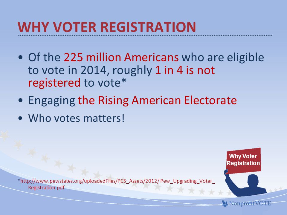 Of the 225 million Americans who are eligible to vote in 2014, roughly 1 in 4 is not registered to vote* Engaging the Rising American Electorate Who votes matters.