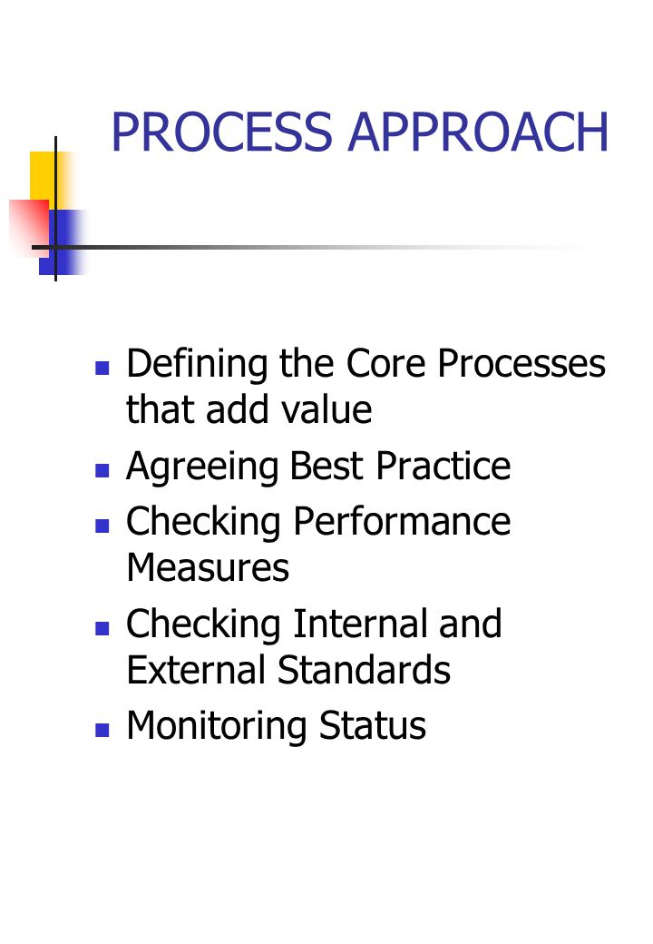 PROCESS APPROACH Defining the Core Processes that add value Agreeing Best Practice Checking Performance Measures Checking Internal and External Standards Monitoring Status