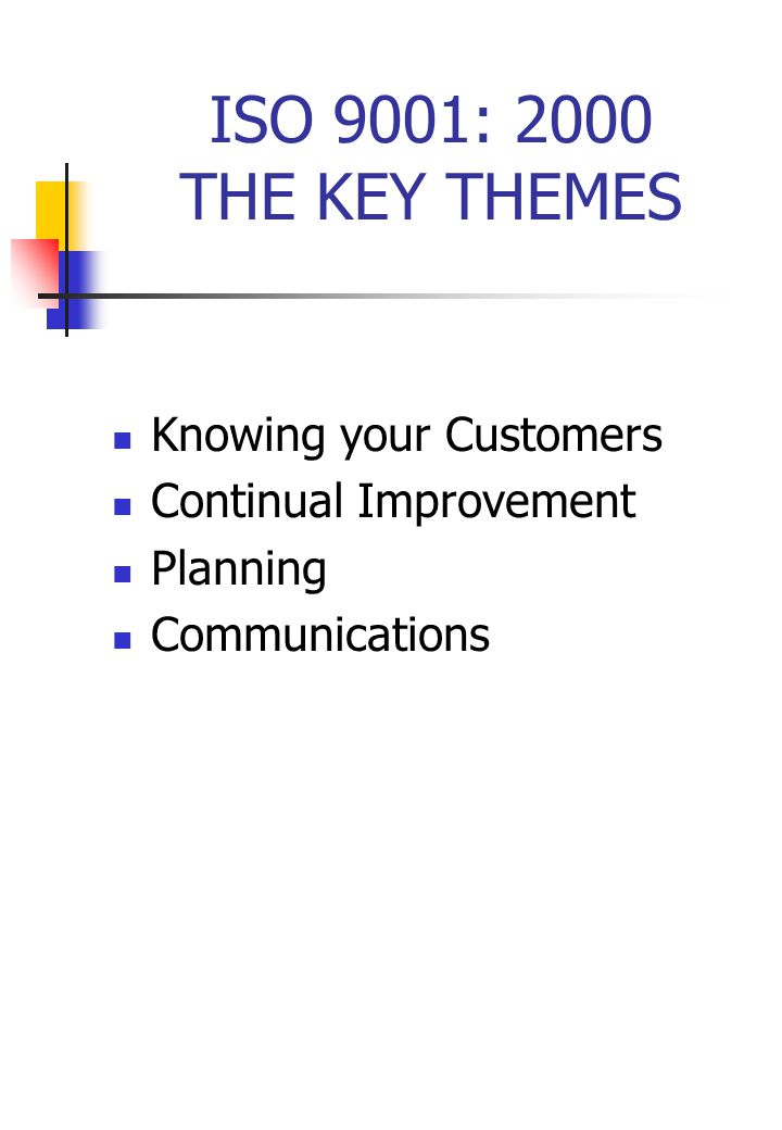 ISO 9001: 2000 THE KEY THEMES Knowing your Customers Continual Improvement Planning Communications
