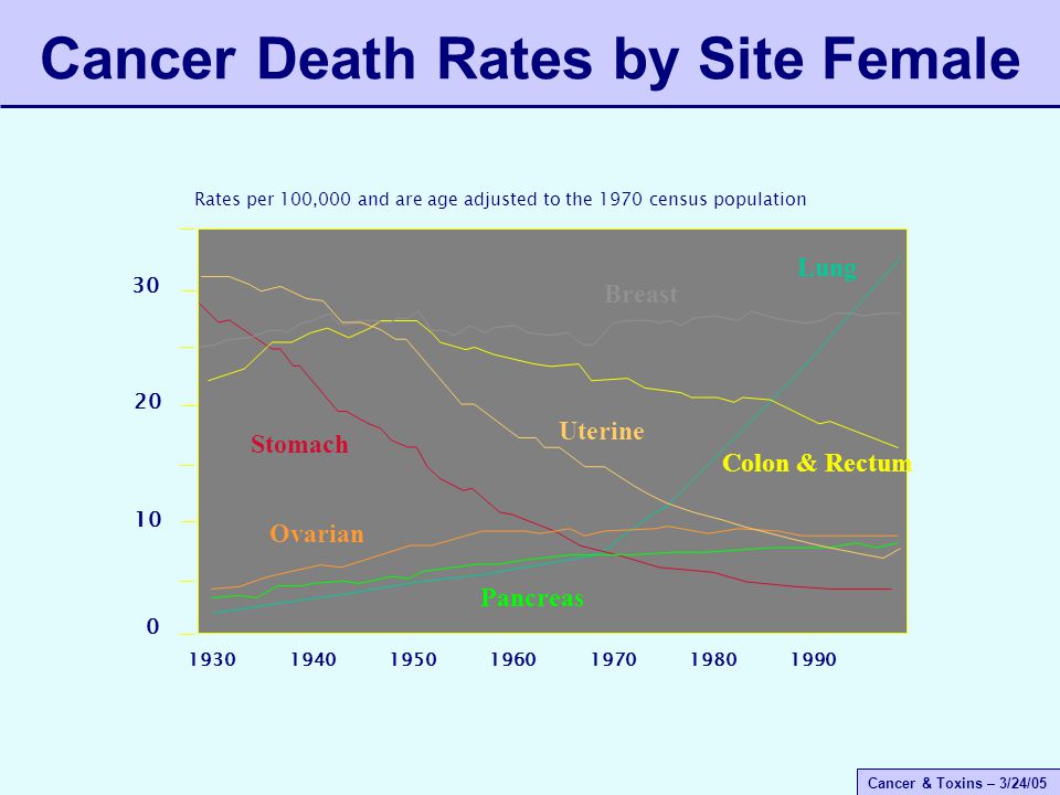 Cancer & Toxins – 3/24/05 Lung Stomach Colon & Rectum Pancreas Rates per 100,000 and are age adjusted to the 1970 census population Breast Uterine Ovarian Cancer Death Rates by Site Female