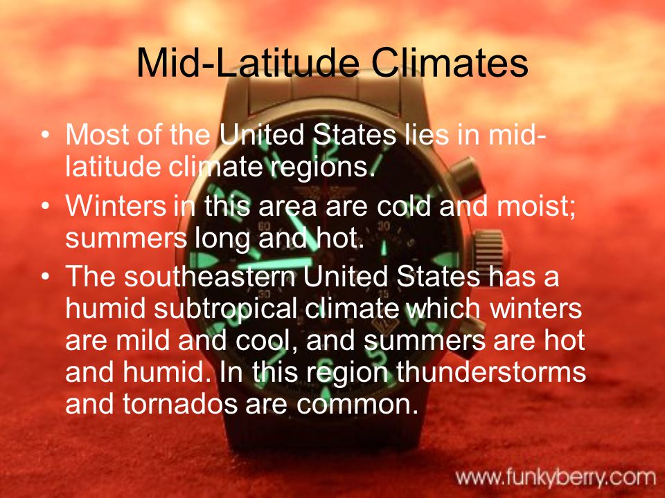 Climate Tropical climates, mid-latitude climates, and high latitude climates are all found in the United States.