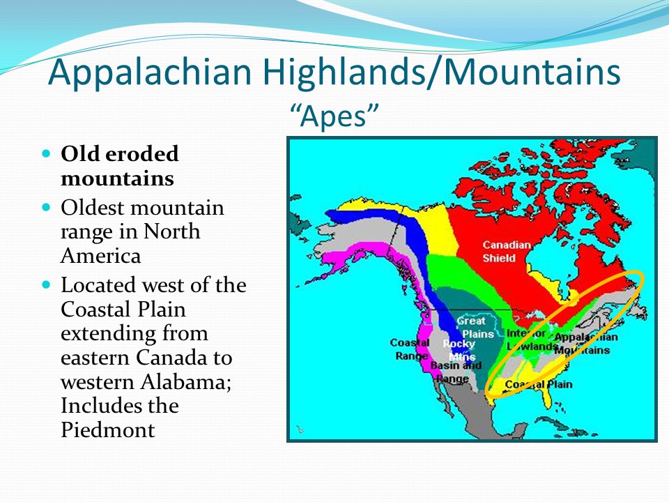 Appalachian Highlands/Mountains Apes Old eroded mountains Old eroded mountains Oldest mountain range in North America Oldest mountain range in North America Located west of the Coastal Plain extending from eastern Canada to western Alabama; Includes the Piedmont Located west of the Coastal Plain extending from eastern Canada to western Alabama; Includes the Piedmont