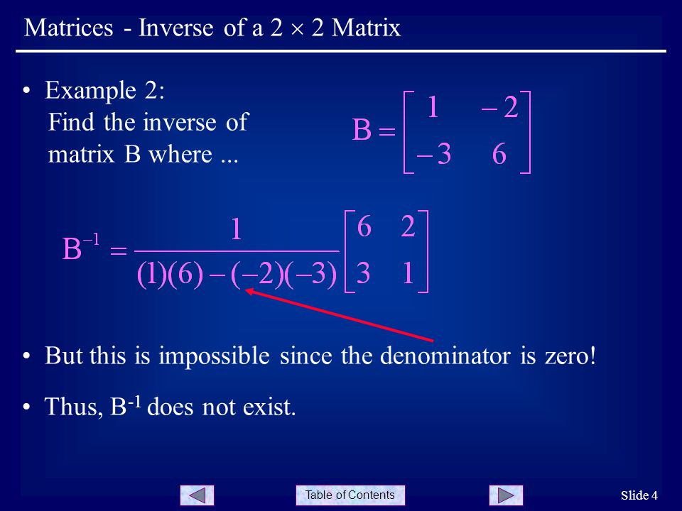 Table of Contents Slide 4 Matrices - Inverse of a 2  2 Matrix Example 2: Find the inverse of matrix B where...