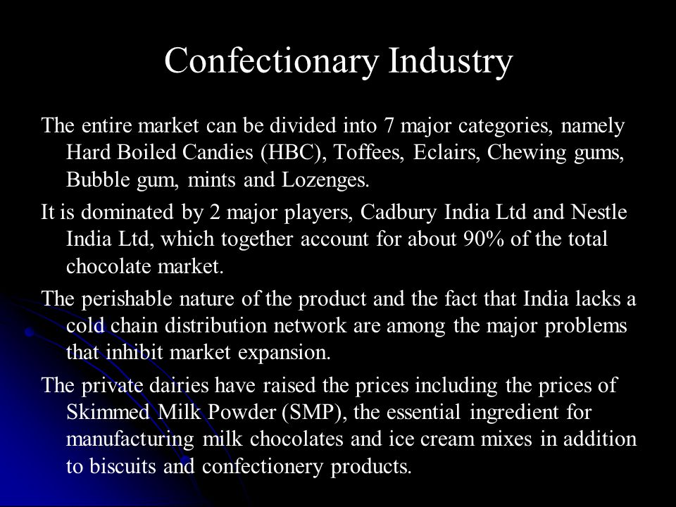 Confectionary Industry The entire market can be divided into 7 major categories, namely Hard Boiled Candies (HBC), Toffees, Eclairs, Chewing gums, Bubble gum, mints and Lozenges.