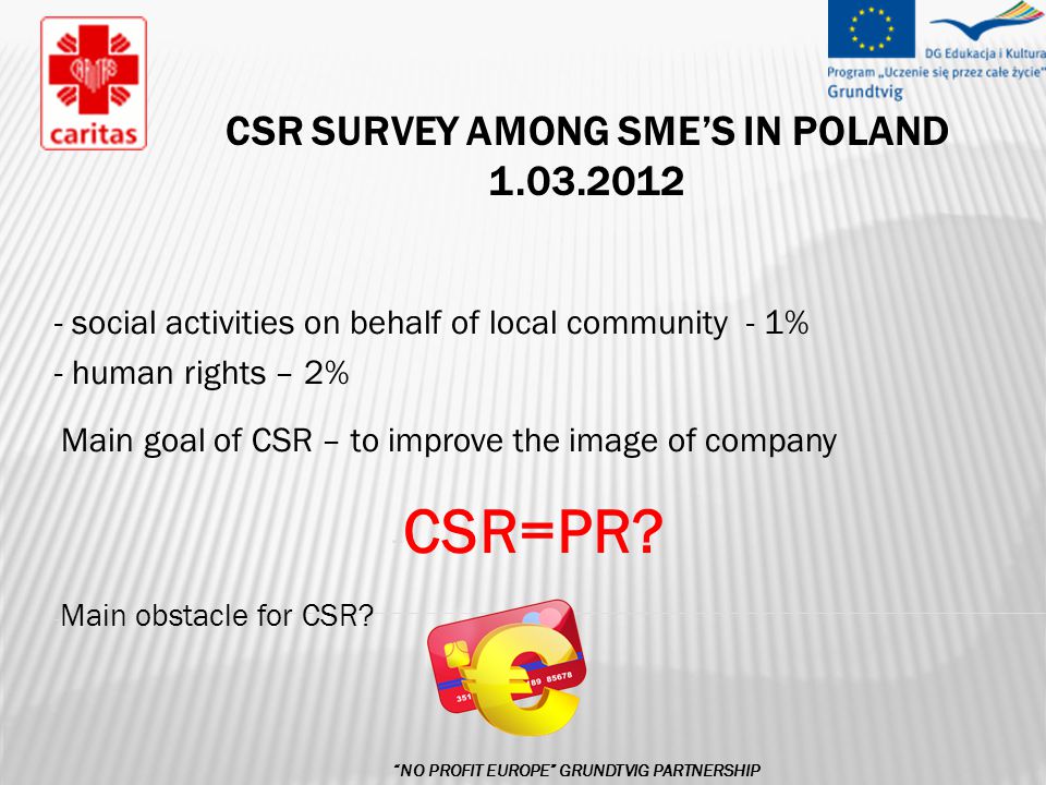 CSR SURVEY AMONG SME’S IN POLAND NO PROFIT EUROPE GRUNDTVIG PARTNERSHIP - social activities on behalf of local community - 1% - human rights – 2% - Main goal of CSR – to improve the image of company - CSR=PR.