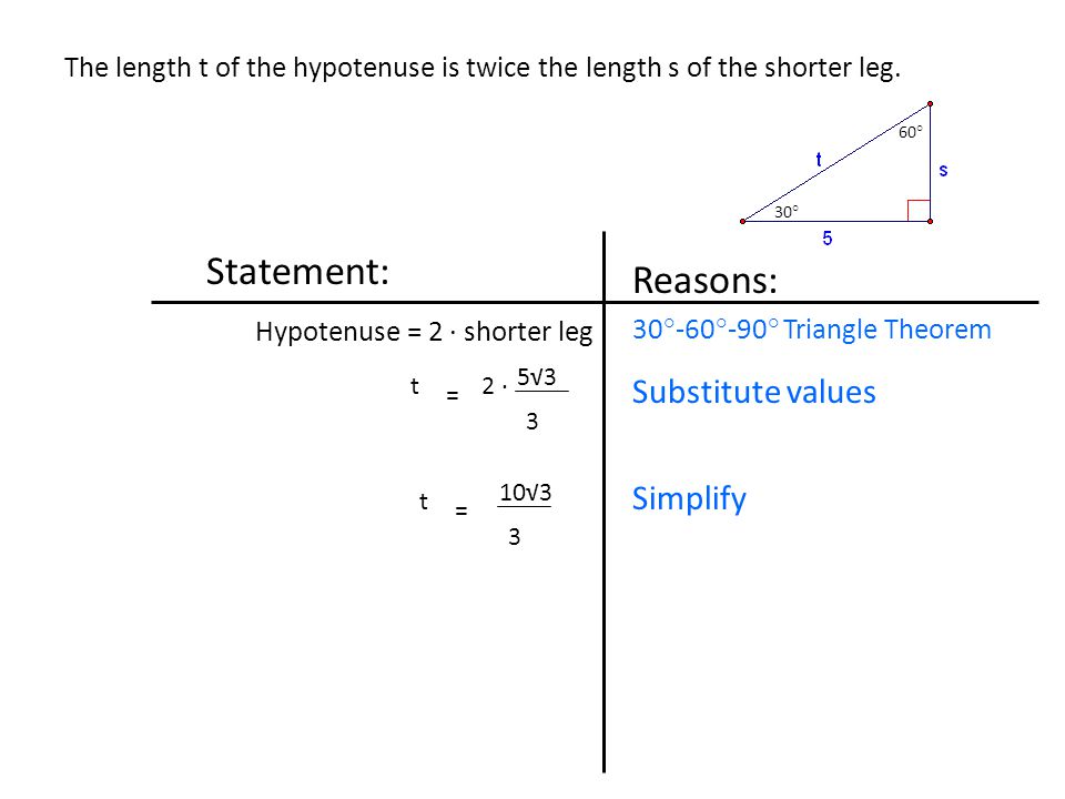 The length t of the hypotenuse is twice the length s of the shorter leg.
