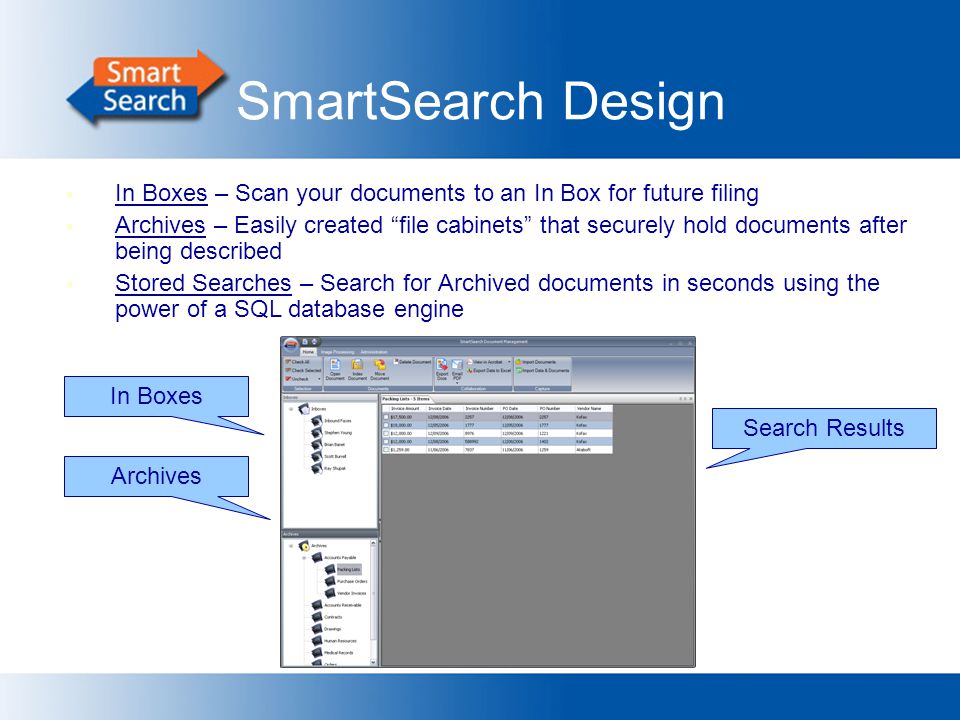 SmartSearch Design  In Boxes – Scan your documents to an In Box for future filing  Archives – Easily created file cabinets that securely hold documents after being described  Stored Searches – Search for Archived documents in seconds using the power of a SQL database engine Archives In Boxes Search Results