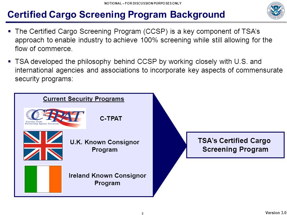 8 NOTIONAL – FOR DISCUSSION PURPOSES ONLY Version 3.0  The Certified Cargo Screening Program (CCSP) is a key component of TSA’s approach to enable industry to achieve 100% screening while still allowing for the flow of commerce.