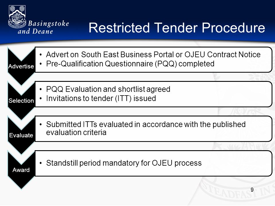Restricted Tender Procedure Advertise Advert on South East Business Portal or OJEU Contract Notice Pre-Qualification Questionnaire (PQQ) completed Selection PQQ Evaluation and shortlist agreed Invitations to tender (ITT) issued Evaluate Submitted ITTs evaluated in accordance with the published evaluation criteria Award Standstill period mandatory for OJEU process 9