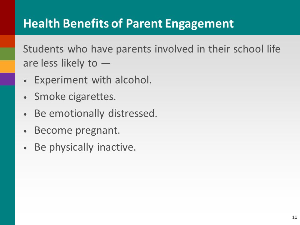 11 Health Benefits of Parent Engagement Students who have parents involved in their school life are less likely to — Experiment with alcohol.