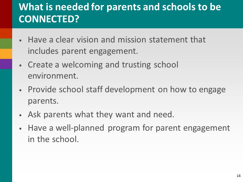 16 Have a clear vision and mission statement that includes parent engagement.