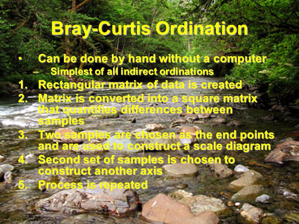 Bray-Curtis Ordination Can be done by hand without a computerCan be done by hand without a computer –Simplest of all indirect ordinations 1.Rectangular matrix of data is created 2.Matrix is converted into a square matrix that quantifies differences between samples 3.Two samples are chosen as the end points and are used to construct a scale diagram 4.Second set of samples is chosen to construct another axis 5.Process is repeated
