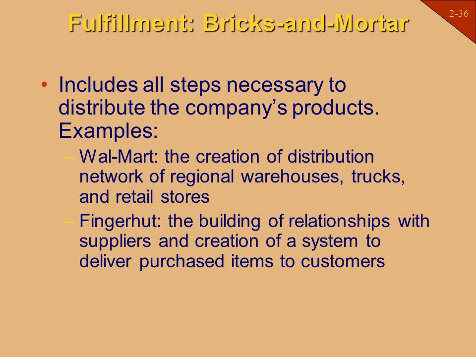 2-36 Fulfillment: Bricks-and-Mortar Includes all steps necessary to distribute the company’s products.
