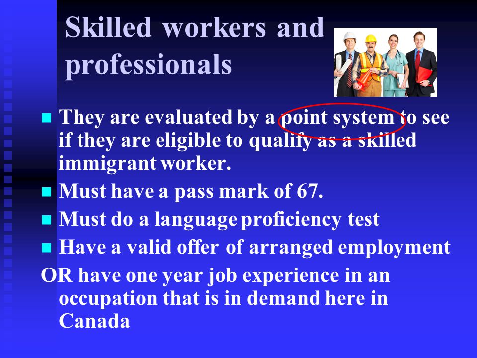 Skilled workers and professionals They are evaluated by a point system to see if they are eligible to qualify as a skilled immigrant worker.