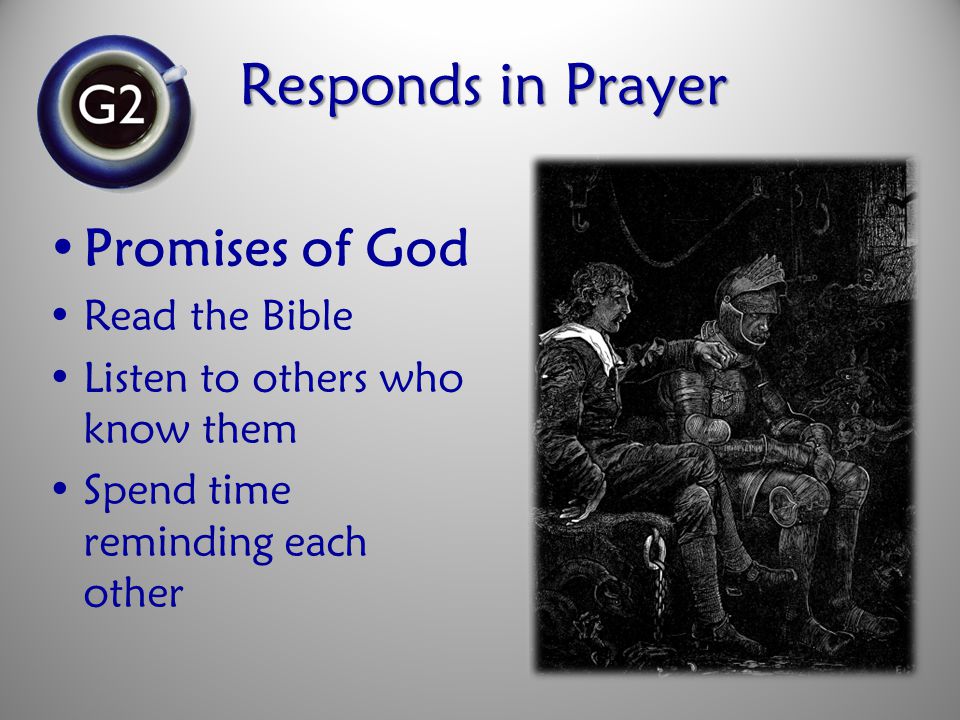 Responds in Prayer Promises of God Read the Bible Listen to others who know them Spend time reminding each other