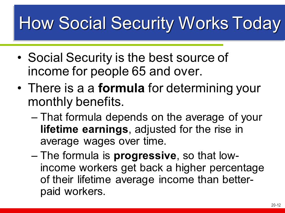 20-12 How Social Security Works Today Social Security is the best source of income for people 65 and over.