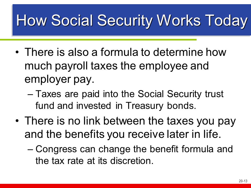 20-13 How Social Security Works Today There is also a formula to determine how much payroll taxes the employee and employer pay.
