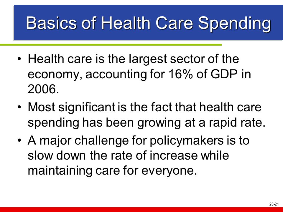 20-21 Basics of Health Care Spending Health care is the largest sector of the economy, accounting for 16% of GDP in 2006.
