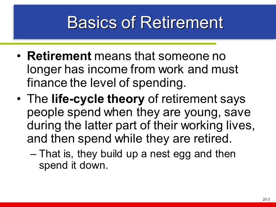 20-3 Basics of Retirement Retirement means that someone no longer has income from work and must finance the level of spending.