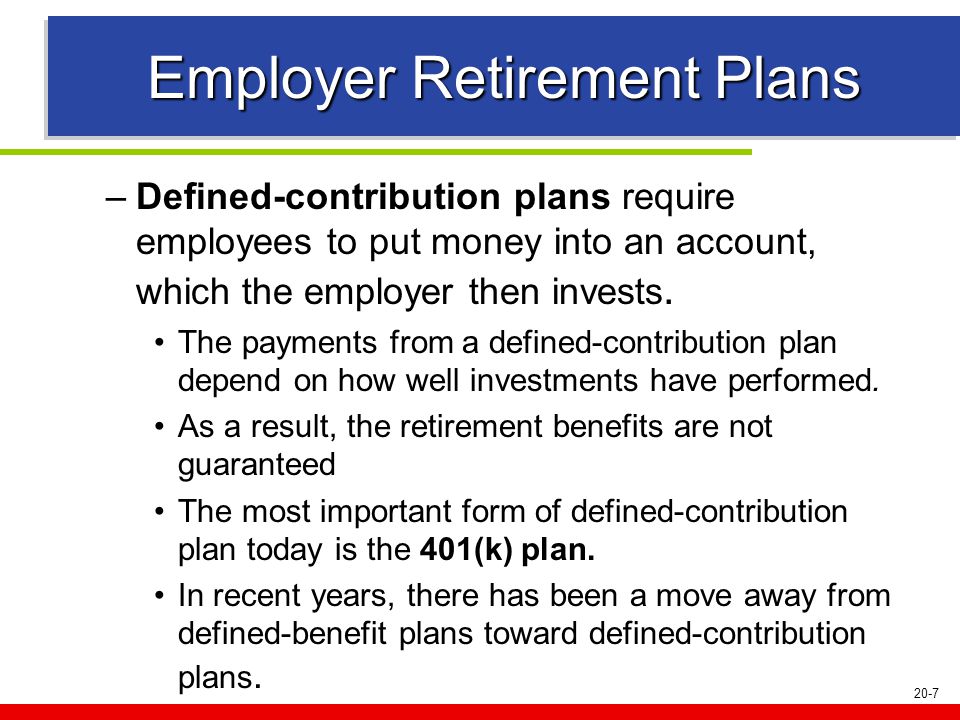 20-7 Employer Retirement Plans –Defined-contribution plans require employees to put money into an account, which the employer then invests.