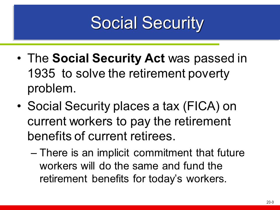 20-9 Social Security The Social Security Act was passed in 1935 to solve the retirement poverty problem.