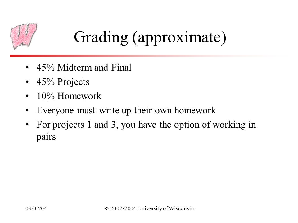 09/07/04© University of Wisconsin Grading (approximate) 45% Midterm and Final 45% Projects 10% Homework Everyone must write up their own homework For projects 1 and 3, you have the option of working in pairs