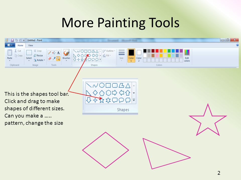More Painting Tools This is the shapes tool bar. Click and drag to make shapes of different sizes.