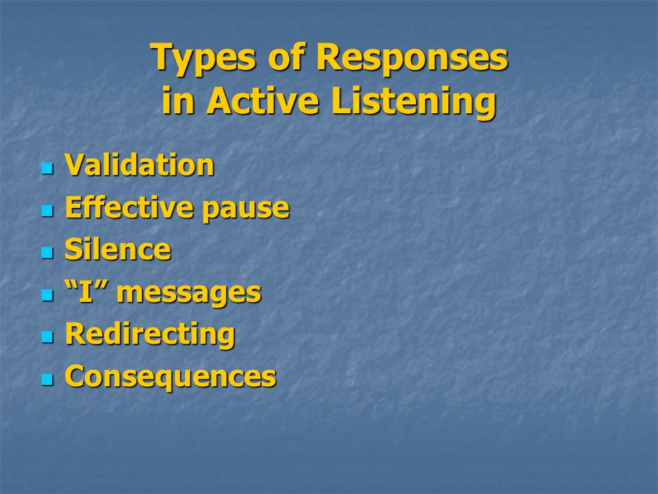 Types of Responses in Active Listening Validation Validation Effective pause Effective pause Silence Silence I messages I messages Redirecting Redirecting Consequences Consequences