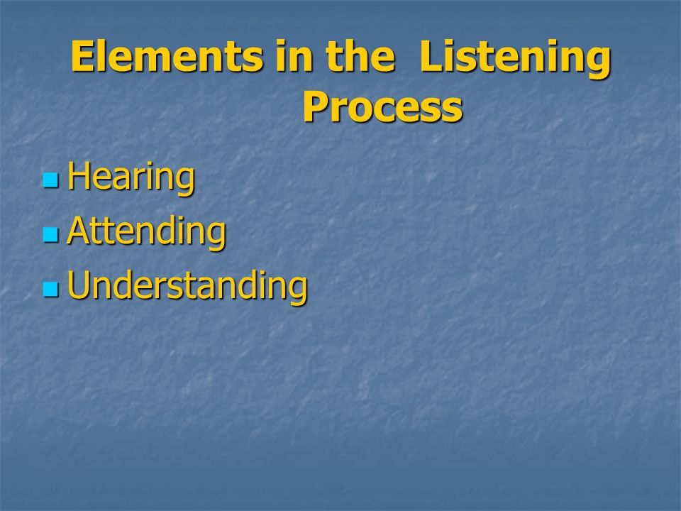 Elements in the Listening Process Hearing Hearing Attending Attending Understanding Understanding