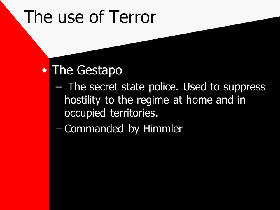 The use of Terror The Gestapo – The secret state police.