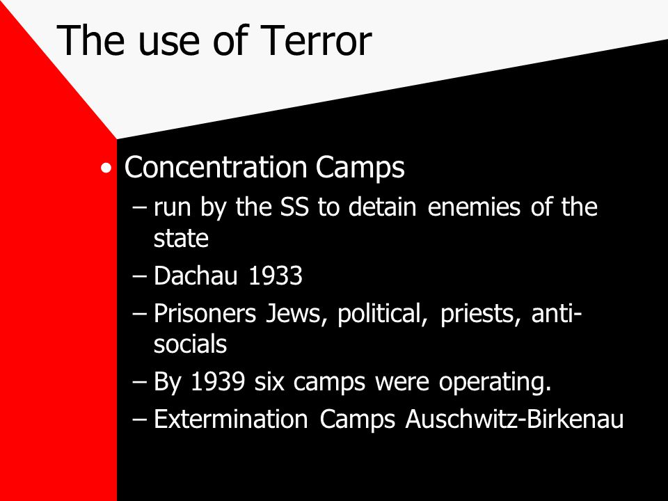 The use of Terror Concentration Camps –run by the SS to detain enemies of the state –Dachau 1933 –Prisoners Jews, political, priests, anti- socials –By 1939 six camps were operating.