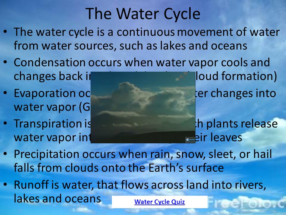 The Water Cycle The water cycle is a continuous movement of water from water sources, such as lakes and oceans Condensation occurs when water vapor cools and changes back into liquid droplets (cloud formation) Evaporation occurs when liquid water changes into water vapor (Gas) Transpiration is the process by which plants release water vapor into the air through their leaves Precipitation occurs when rain, snow, sleet, or hail falls from clouds onto the Earth’s surface Runoff is water, that flows across land into rivers, lakes and oceans Water Cycle Quiz