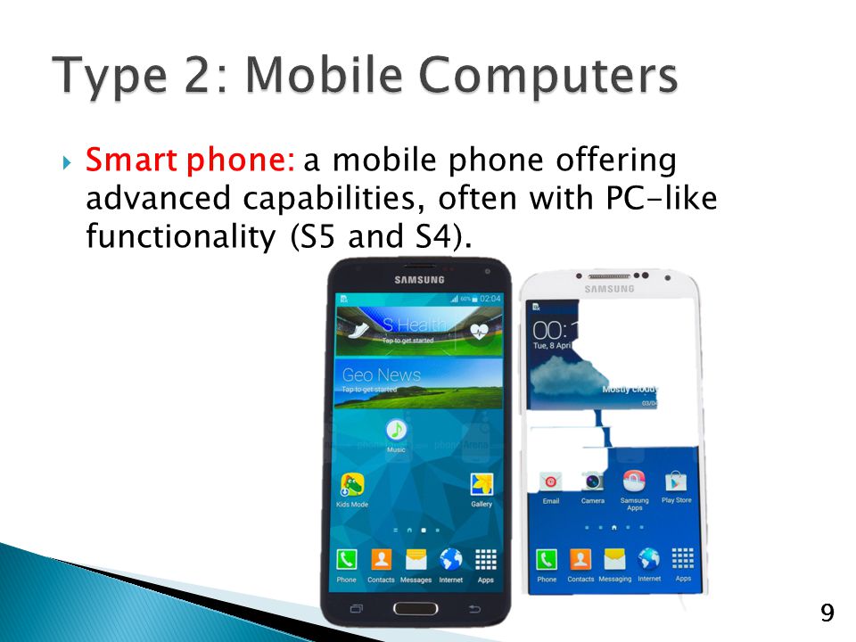  Smart phone: a mobile phone offering advanced capabilities, often with PC-like functionality (S5 and S4).