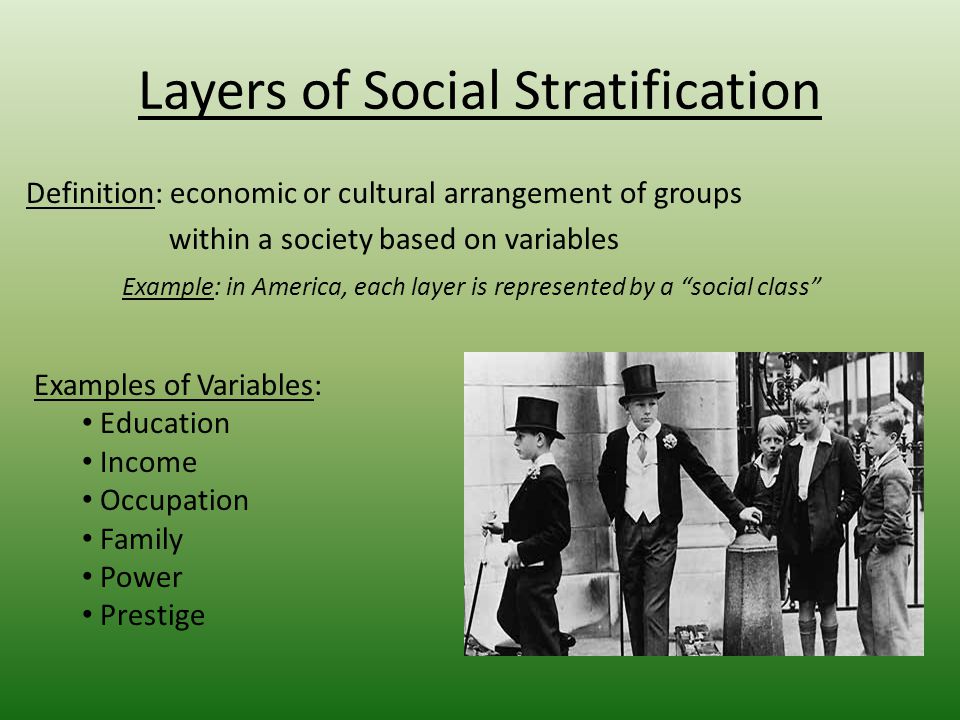 Layers of Social Stratification Definition: economic or cultural arrangement of groups within a society based on variables Example: in America, each layer is represented by a social class Examples of Variables: Education Income Occupation Family Power Prestige